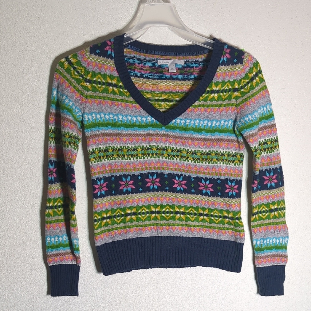Retro Old Navy Women's Sweater Y2K Fair Isle Bright Colorful Patterned Medium